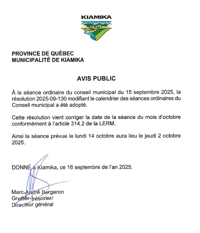 Avis public changement de date de la séance du mois doctobre 2025